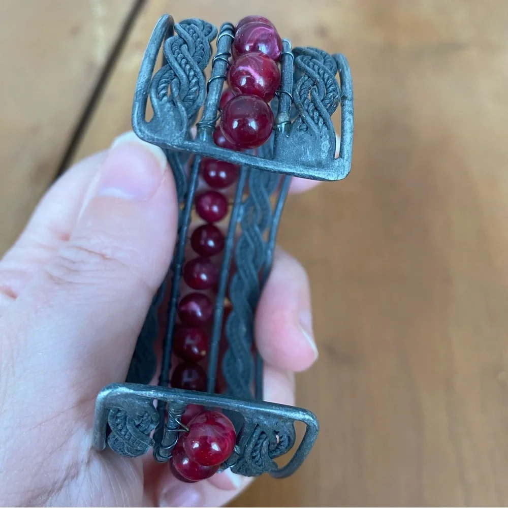 Silver Colored and Red Beaded Adjustable intricate Cuff Bracelet